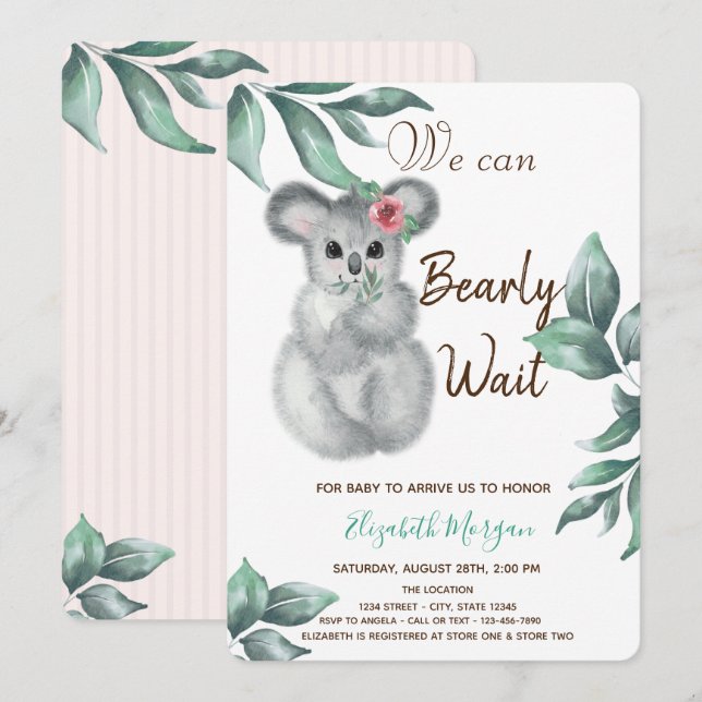 Invitación Watercolor Cute Koala Baby Shower rayado rosado (Anverso / Reverso)