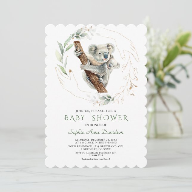 Invitación Watercolor Cute Koala Green Gold Baby Shower (Anverso de pie)