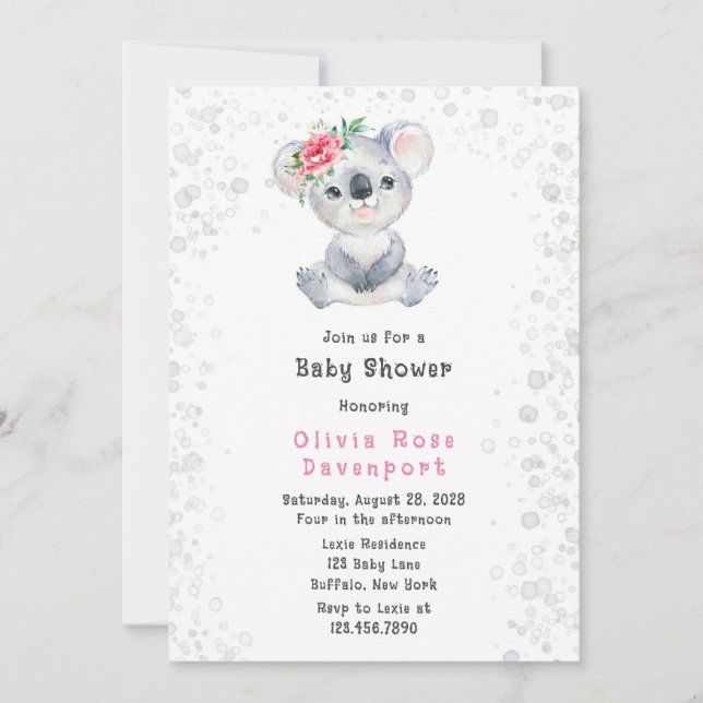 Invitación Watercolor Cute Koala Oso Alcohol Ink Baby Shower (Anverso)