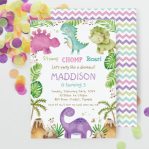 Invitación Watercolor Cute Pastel Dinosaurios Chica de la veg