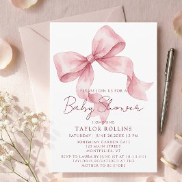 Invitación Watercolor Cute Pink Bow Baby Shower Invitation