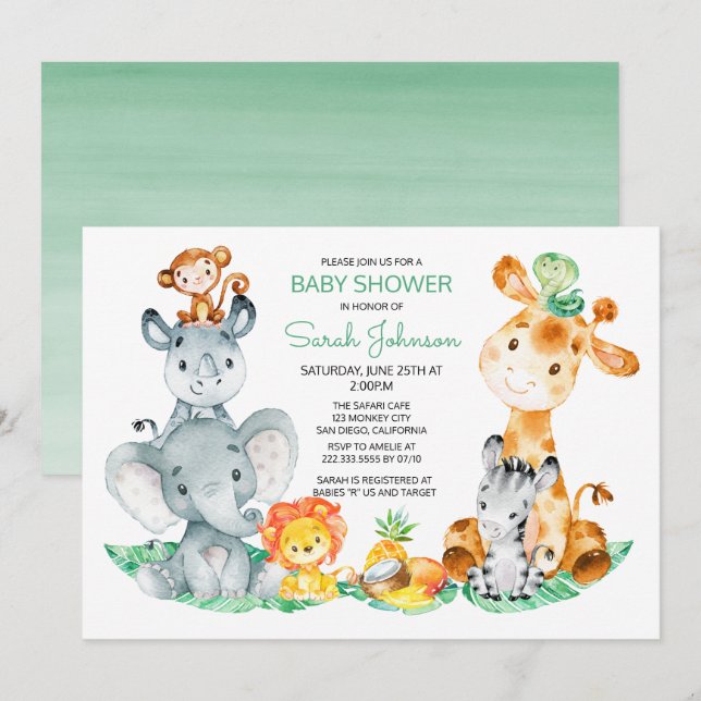 Invitación Watercolor Cute Safari Jungle Baby Shower (Anverso / Reverso)