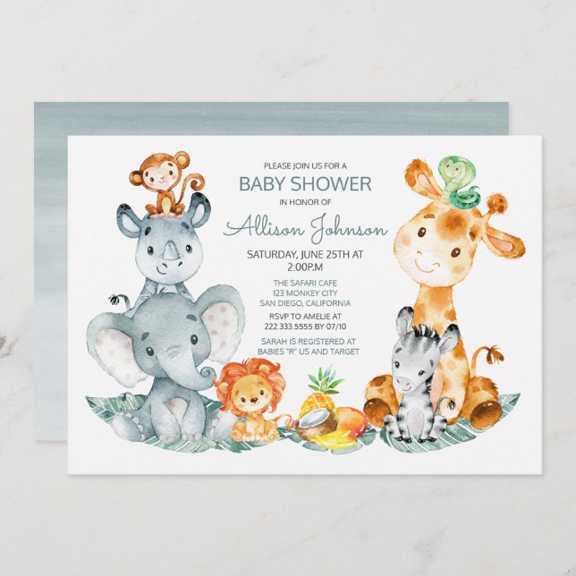 Invitación Watercolor Cute Safari Jungle Baby Shower (Anverso / Reverso)
