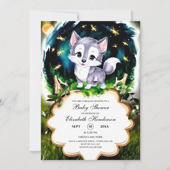 Invitación Watercolor Cute Wolf Baby Shower (Anverso)