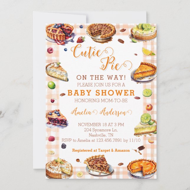 Invitación Watercolor Cutie Pie Naranja Gingham Baby Shower (Anverso)