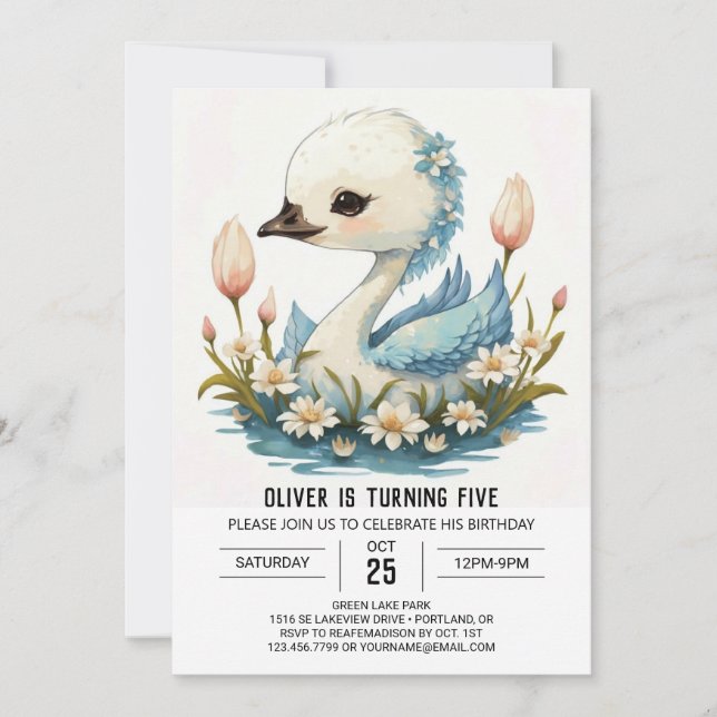 Invitación Watercolor Cygnus Swan Birthday (Anverso)