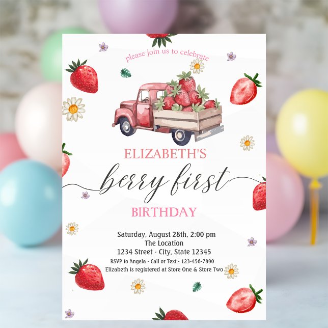 Invitación Watercolor Daisy Strawberry Truck Baby Shower (Subido por el creador)