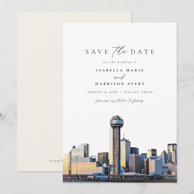 Invitación Watercolor Dallas Texas Skyline Save the Date (Anverso / Reverso)