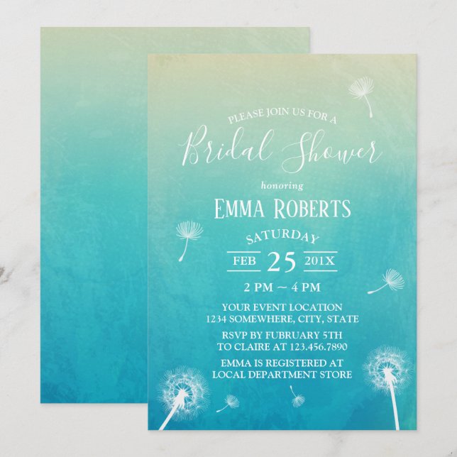 Invitación Watercolor Dandelion Spring Weddal Shower (Anverso / Reverso)