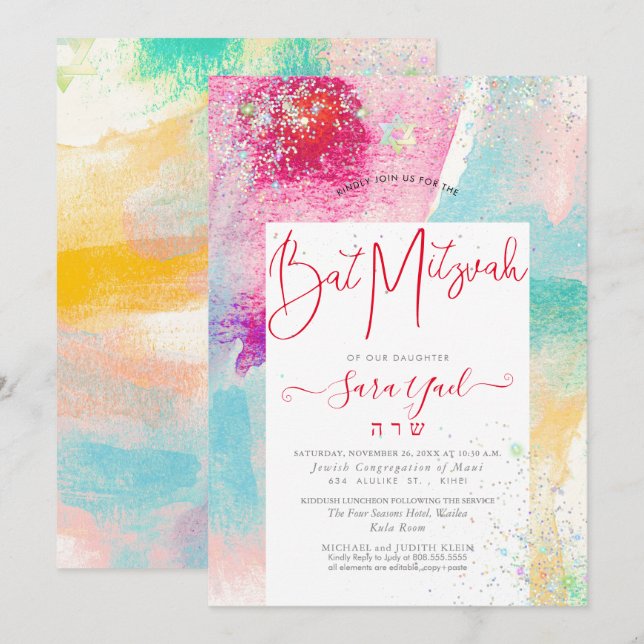 Invitación Watercolor de brocha Purpurina holográfico Mitzvah (Anverso / Reverso)