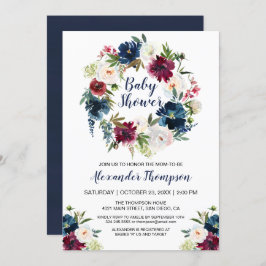 Invitación Watercolor de la Marina de Borgoña Flores Baby Sho