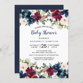 Invitación Watercolor de la Marina de Borgoña Flores Baby Sho