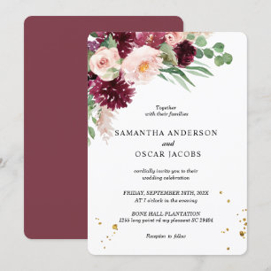 Invitación Watercolor de moda Borgoña Rubor Floral rosa