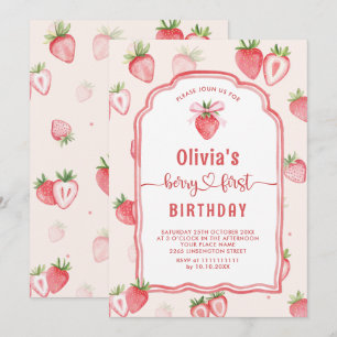 Invitación Watercolor de moda Fresa Bebé Primer Cumpleaños