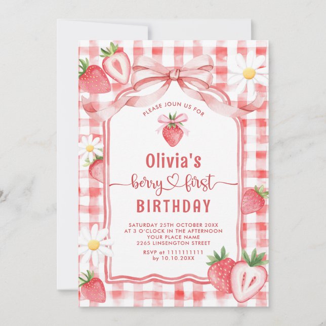 Invitación Watercolor de moda Fresa Bebé Primer Cumpleaños (Anverso)