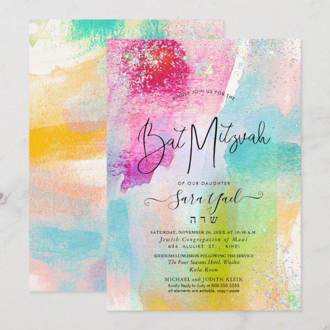 Invitación Watercolor de Pincel Purpurina Holográfico Mitzvah (Anverso / Reverso)