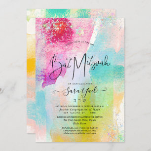 Invitación Watercolor de Pincel Purpurina Holográfico Mitzvah