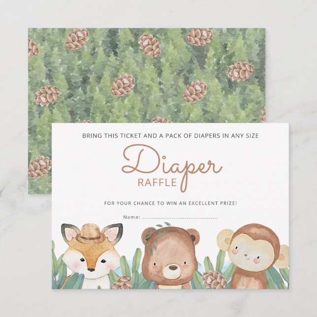 Invitación Watercolor de Woodland Animals Diaper Raffle Ticke (Anverso / Reverso)