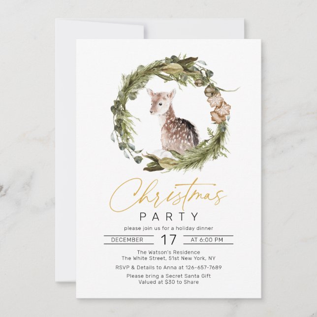 Invitación Watercolor Deer Pine Wreath ChristmasHoliday Fiest (Anverso)