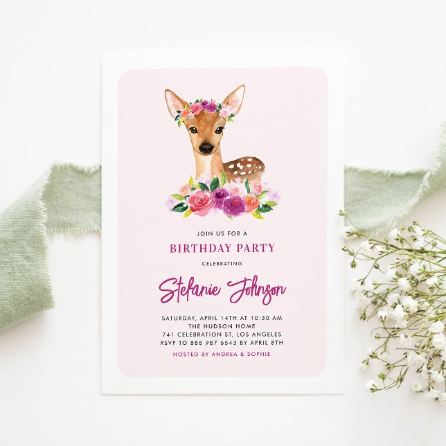 Invitación Watercolor Deer Purple Flowday Party (Subido por el creador)