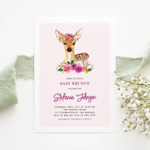 Invitación Watercolor Deer Purple Flowers Baby Brunch