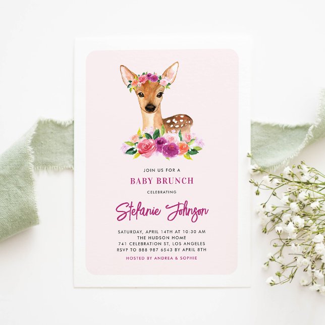 Invitación Watercolor Deer Purple Flowers Baby Brunch (Subido por el creador)