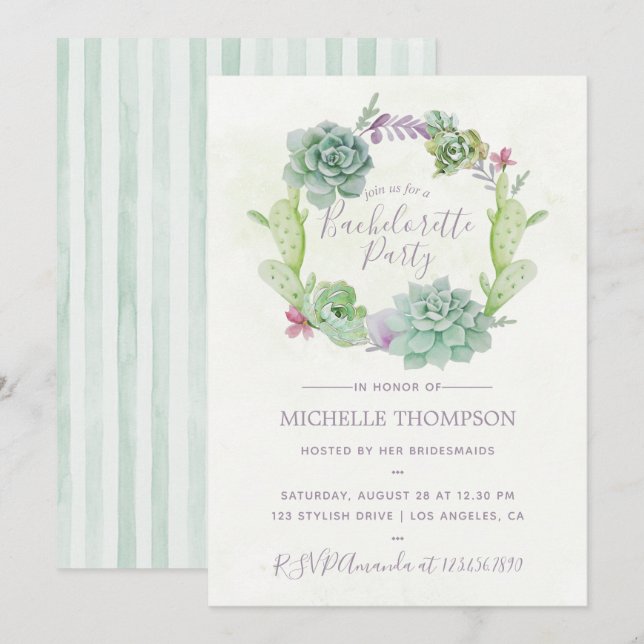 Invitación Watercolor Deert Cactus Suculents Bachelorette (Anverso / Reverso)