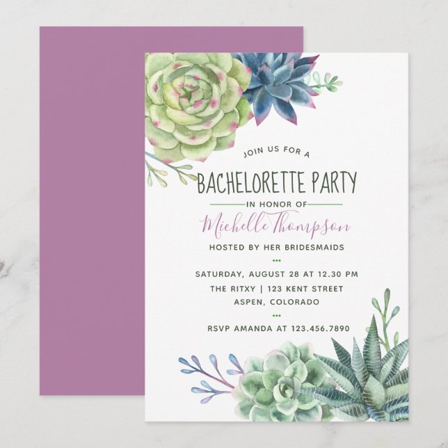 Invitación Watercolor Deert Cactus Suculents Bachelorette (Anverso / Reverso)