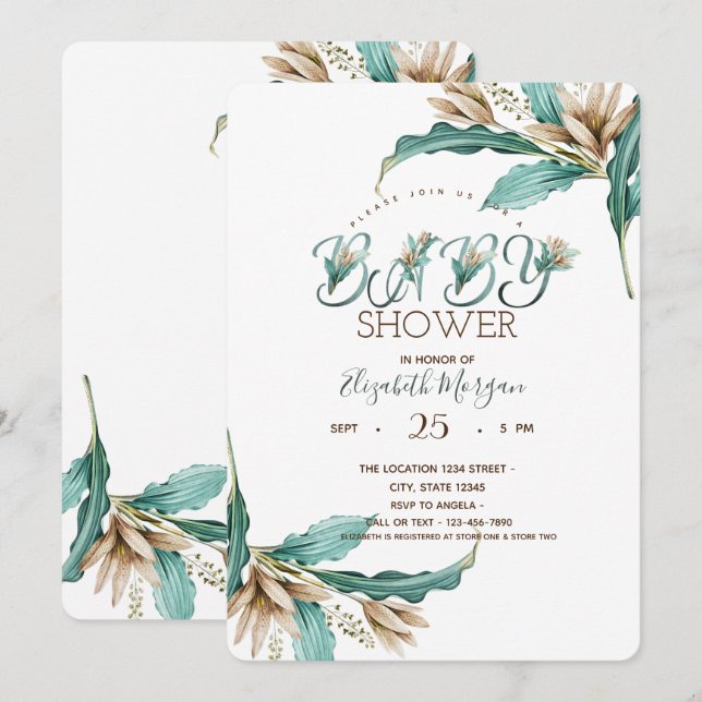 Invitación Watercolor deja a Boho Baby Shower (Anverso / Reverso)