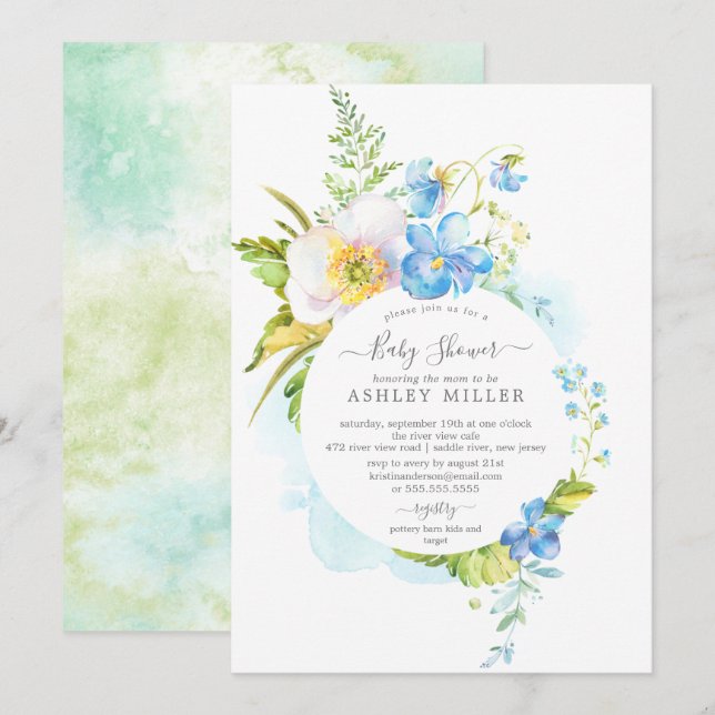 Invitación Watercolor Delicate Floral Baby Shower (Anverso / Reverso)