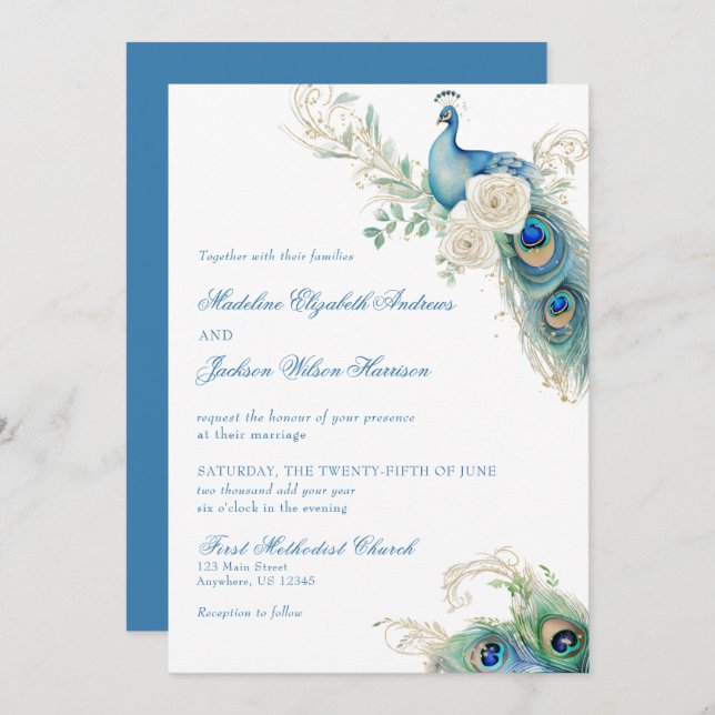 Invitación Watercolor Designer Blue Monogram Crest Wedding (Anverso / Reverso)