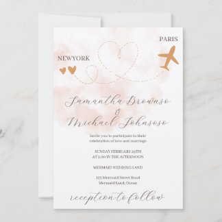 Invitación Watercolor Destination plane flight abroad wedding