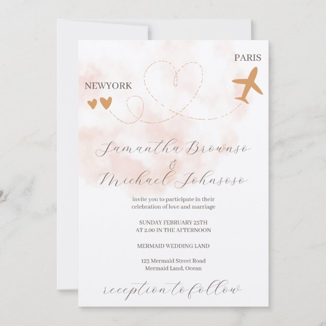 Invitación Watercolor Destination plane flight abroad wedding (Anverso)