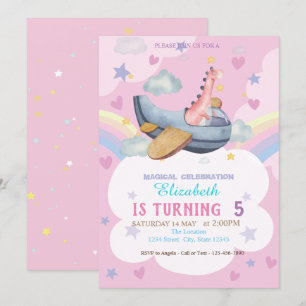 Invitación Watercolor Dino Airplane Rainbow Birday