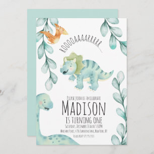 Invitación Watercolor Dinosaur First Birday Party Blue