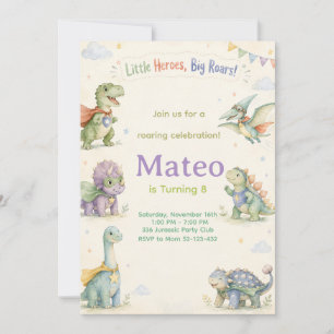 Invitación Watercolor Dinosaur Superhero Birthday