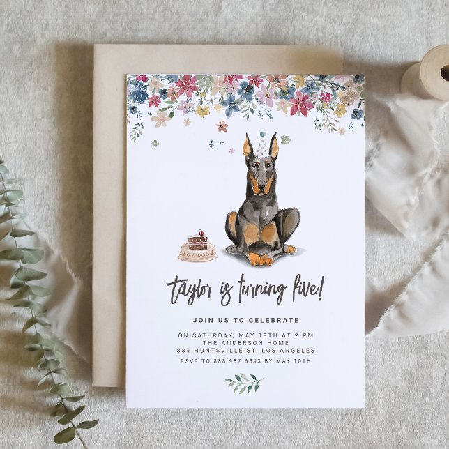 Invitación Watercolor Doberman Pinscher Dog Birthday (Celebrate your furry friend’s special day with our charming Dobermann dog birthday invitation.)