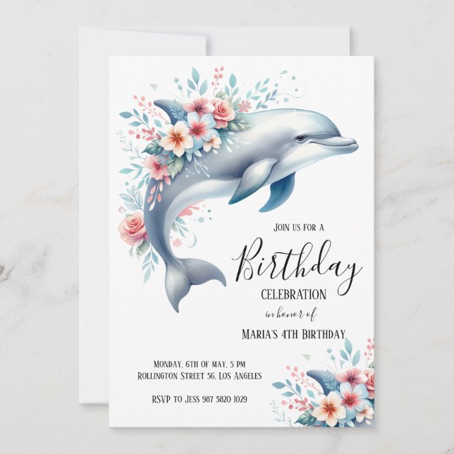 Invitación Watercolor Dolphin Floral Birday Party (Anverso)