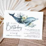 Invitación Watercolor Dolphin & White Floral Birthday Party<br><div class="desc">Elegant,  ocean themed birthday party invitations featuring a painted watercolor dolphin adorned with white flowers,  green leaves,  and blue coral. Personalize the cute dolphin birthday party invitations by adding the birthday girl or boy's name,  age,  and party details. The invite reverses to an ocean blue watercolor background.</div>