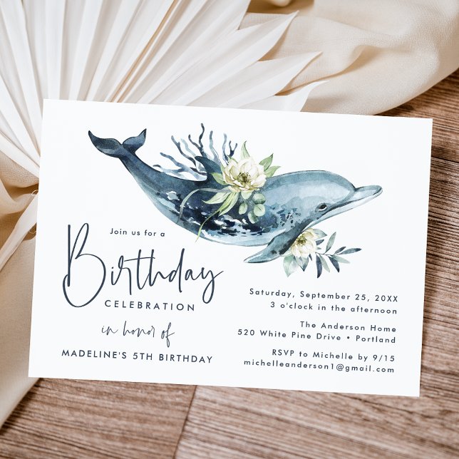 Invitación Watercolor Dolphin & White Floral Birthday Party (Subido por el creador)