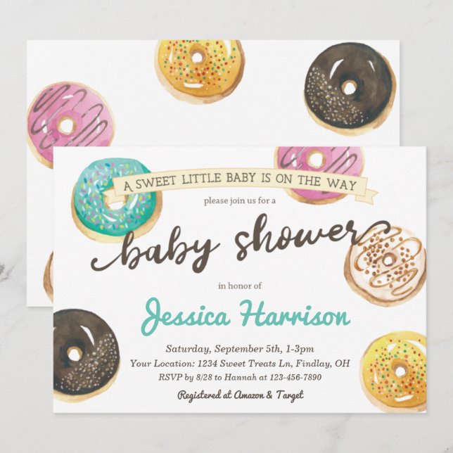 Invitación Watercolor Donut Baby Shower - GraphicLoveShop (Anverso / Reverso)
