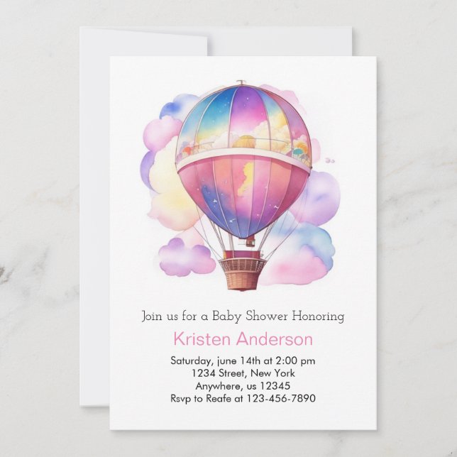 Invitación Watercolor Dreams Hot Air Balloon Chica Baby Showe (Anverso)