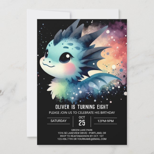 Invitación Watercolor Dreamy Dragon Birthday (Anverso)