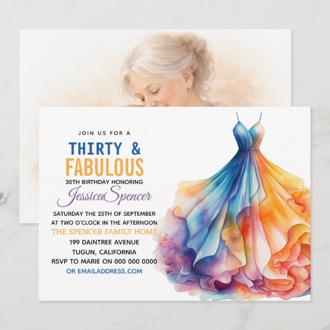 Invitación Watercolor Dress 30th Birthday Elegant & Feminine  (Anverso / Reverso)