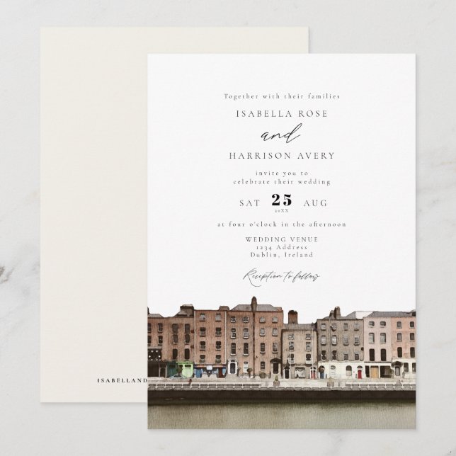 Invitación Watercolor Dublin Ireland Skyline River Boda (Anverso / Reverso)