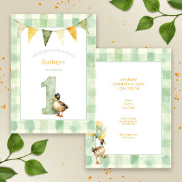 Invitación Watercolor Duck Teal, Yellow First Birthday Party