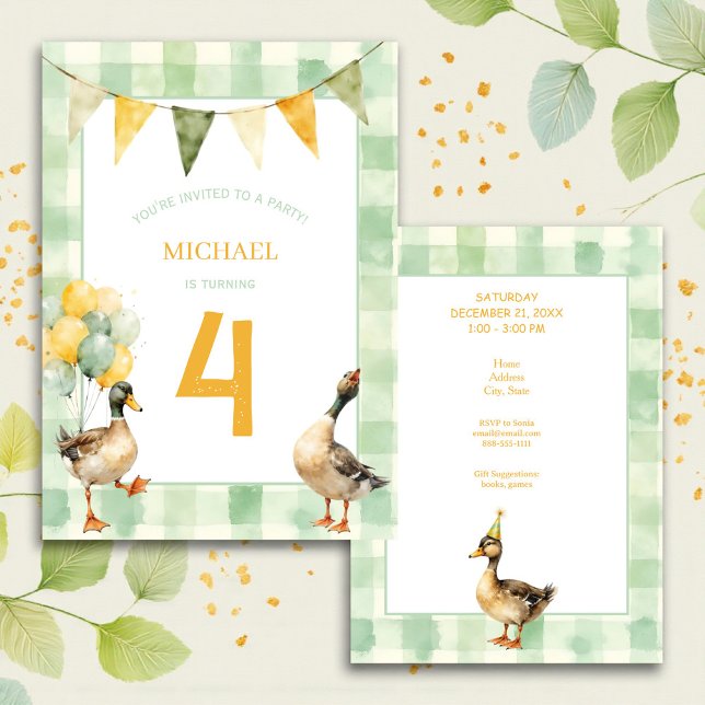 Invitación Watercolor Duck Teal, Yellow First Birthday Party (Subido por el creador)