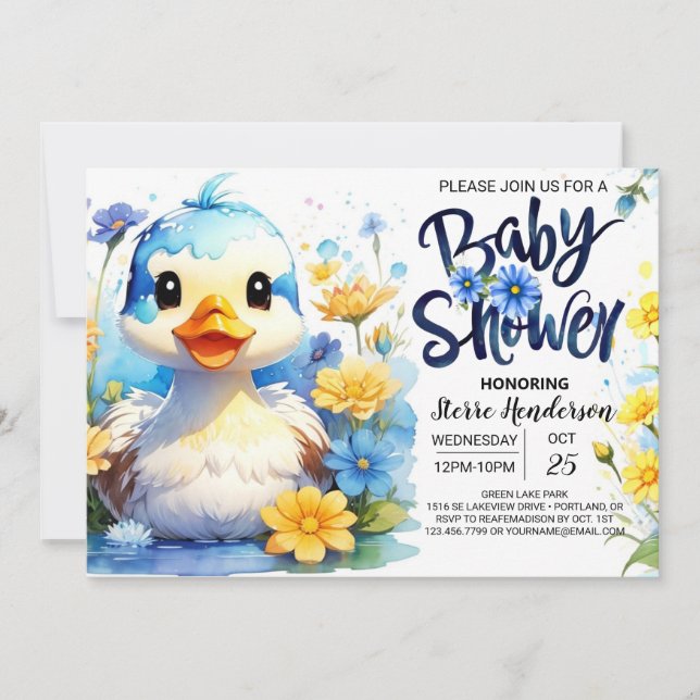 Invitación Watercolor Duck Wildflowers Baby Shower (Anverso)