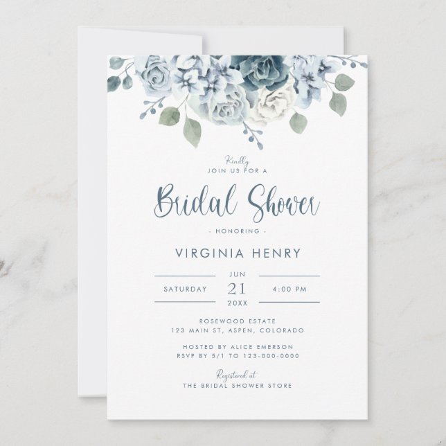 Invitación Watercolor Dusty Blue Bridal Shower (Anverso)