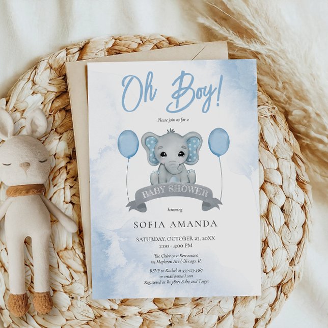 Invitación Watercolor Dusty Blue Cute Elephant Baby Shower (Subido por el creador)